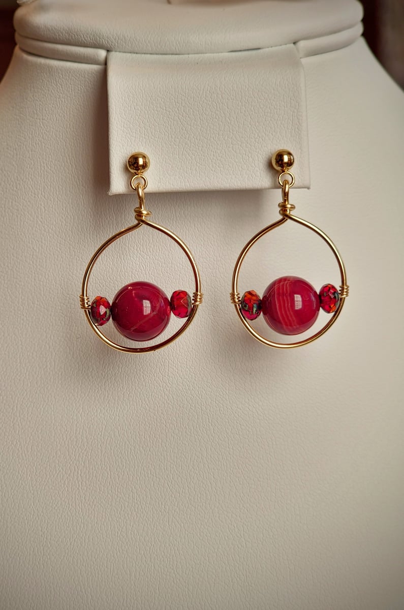 Elegant hand wrapped Gold and Red Agate Earrings with Stainless Steel Gold Ear Posts