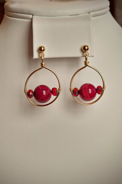 Elegant hand wrapped Gold and Red Agate Earrings with Stainless Steel Gold Ear Posts