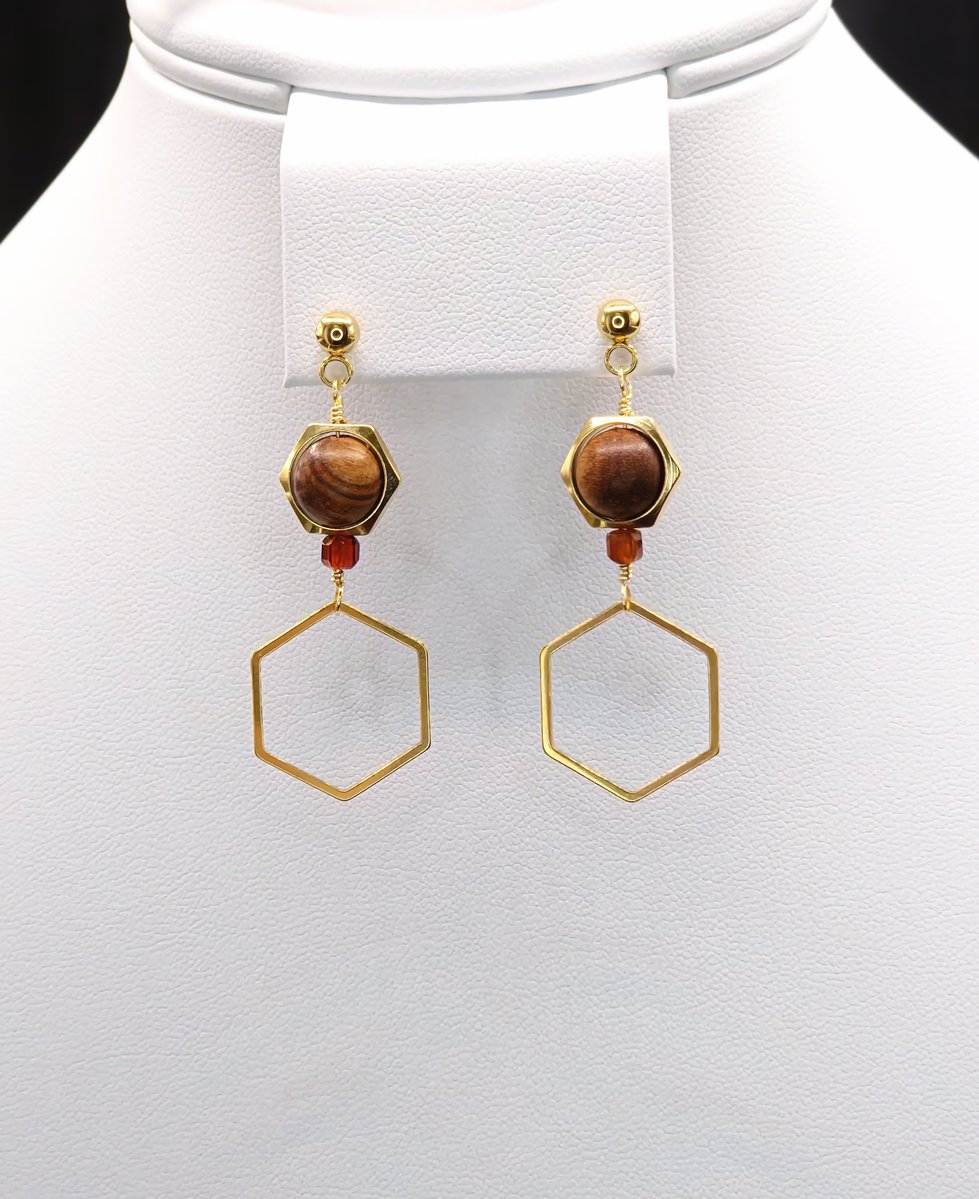 Wood, Garnet and Gold Hexagon Earrings — another view
