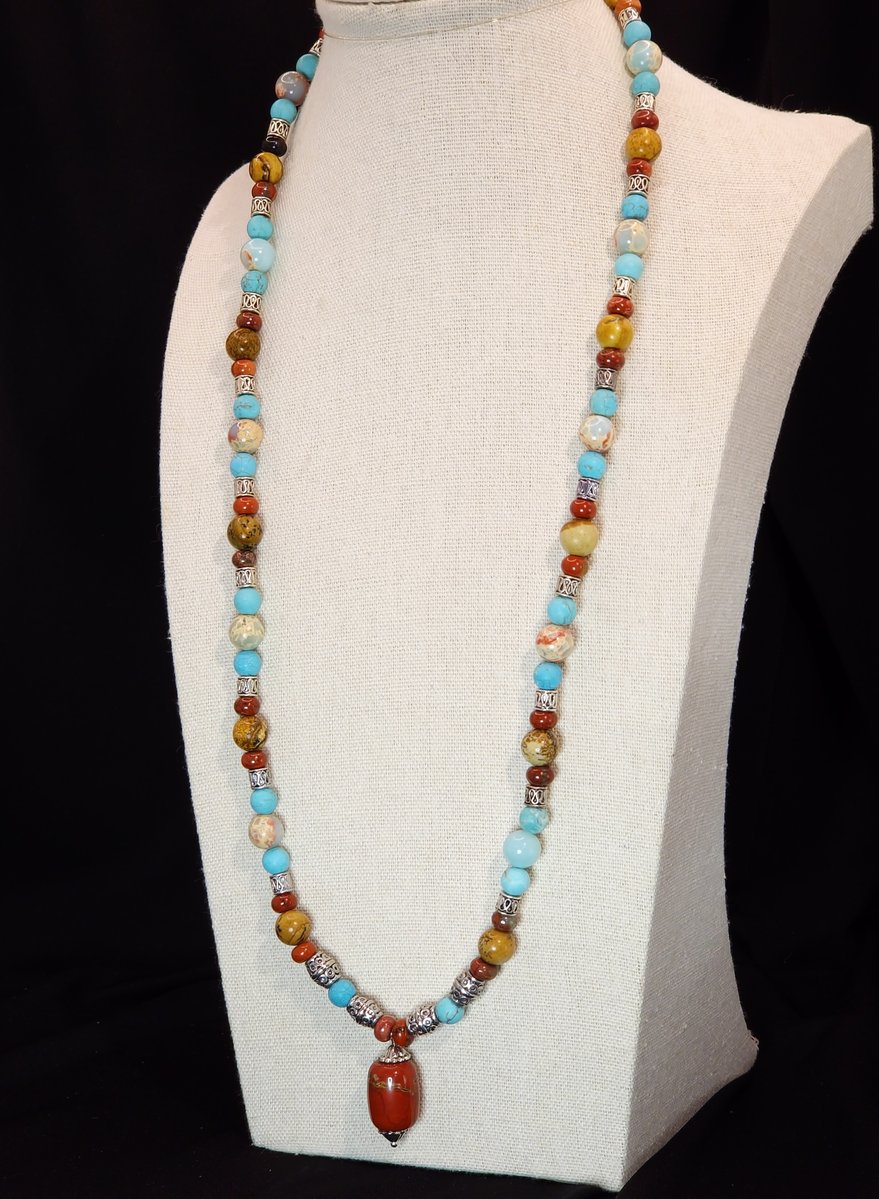 A Medley of Jasper compose this necklace including Picture Jasper, Red Rainbow Jasper and Aqua Terra Jasper