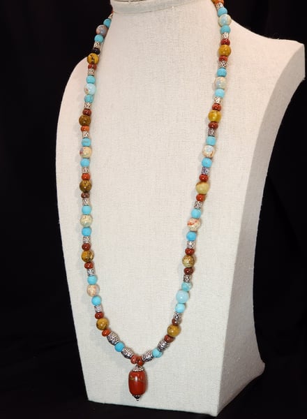 A Medley of Jasper compose this necklace including Picture Jasper, Red Rainbow Jasper and Aqua Terra Jasper