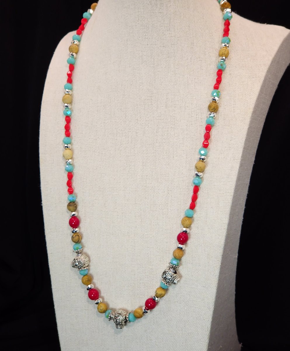 Red Glass, Turquoise and Jasper Necklace