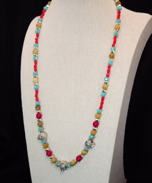 Red Glass, Turquoise and Jasper Necklace