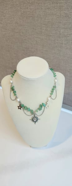 A Green Aventurine Choker with Pearl and Stainless steel accents