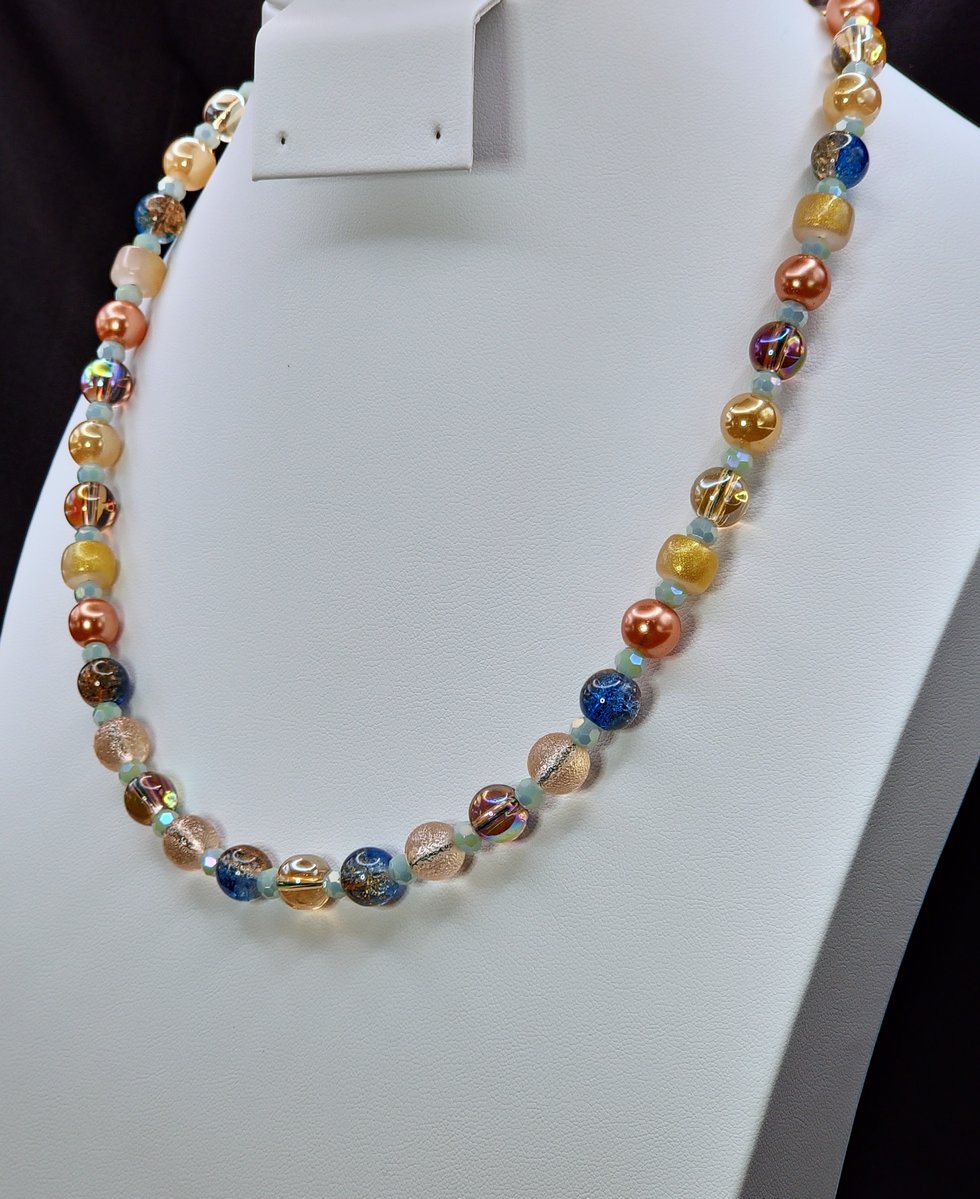 Beautiful necklace of ocean colored glass beads — another view