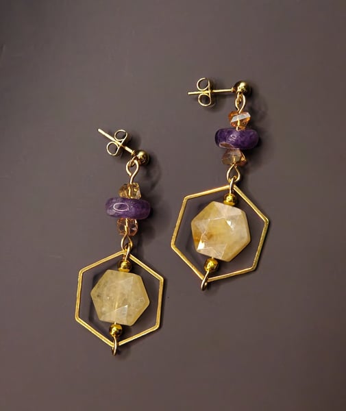 Golden Quartz Hexagons, Amethyst, and Crystal Cut Glass Triangles.