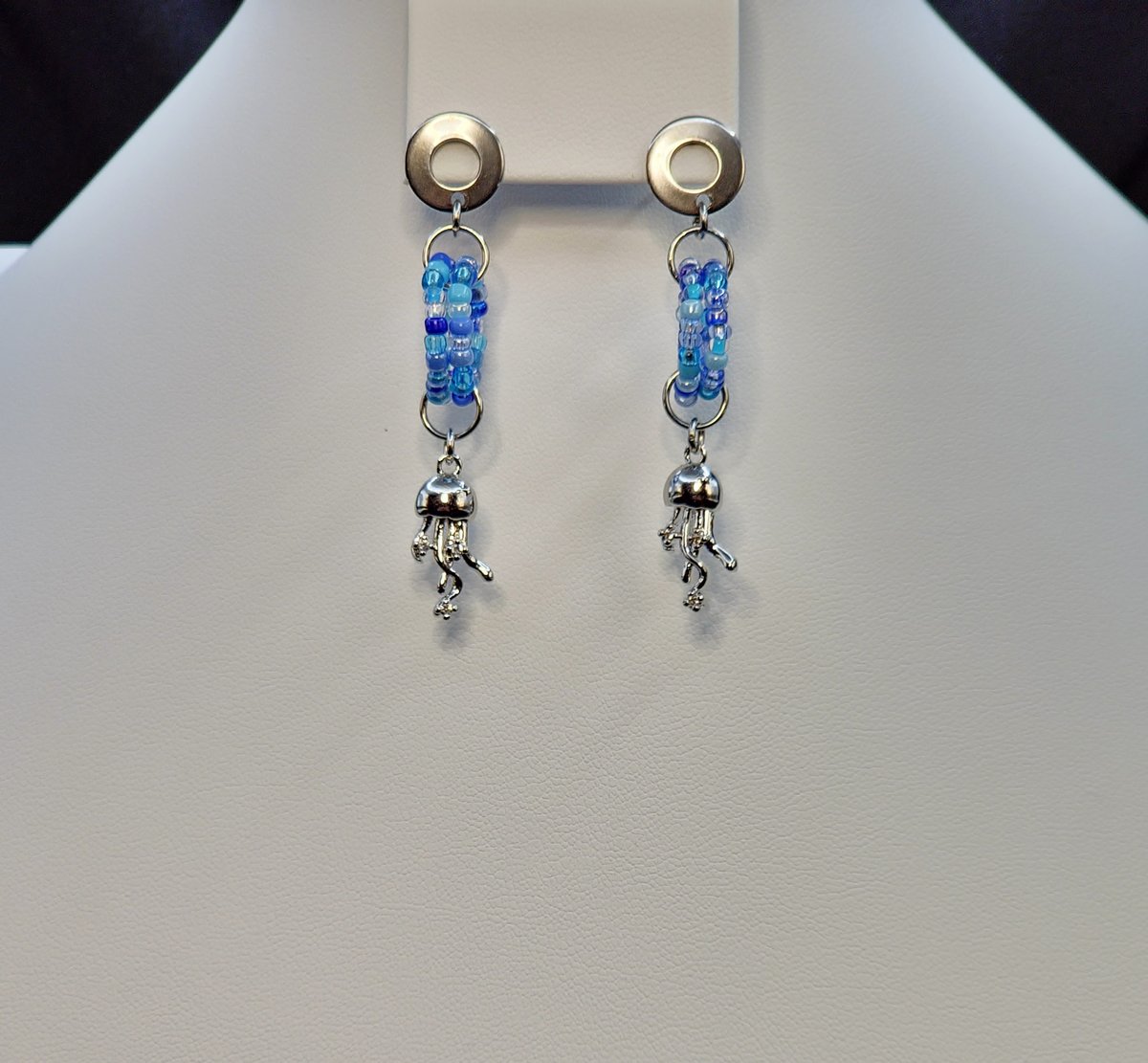 Silver and Blue Jellyfish Earrings — another view