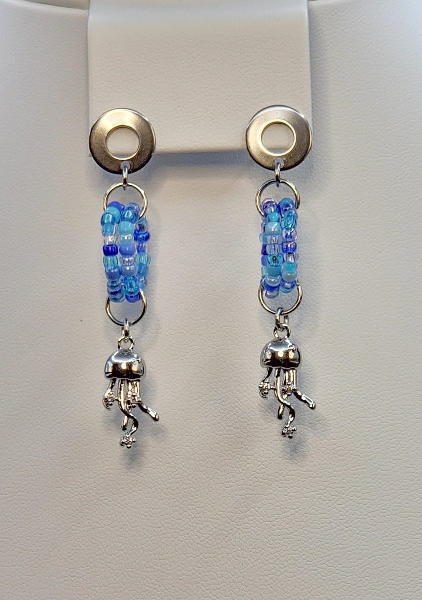 Rhinestone Jellyfish Charms, glass seed beads and stainless steel earrings