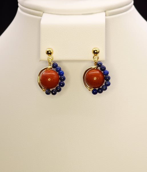 An asymmetrictal design featuring Red Jasper, Lapis Lazuli and Stainless steel Gold Earrings
