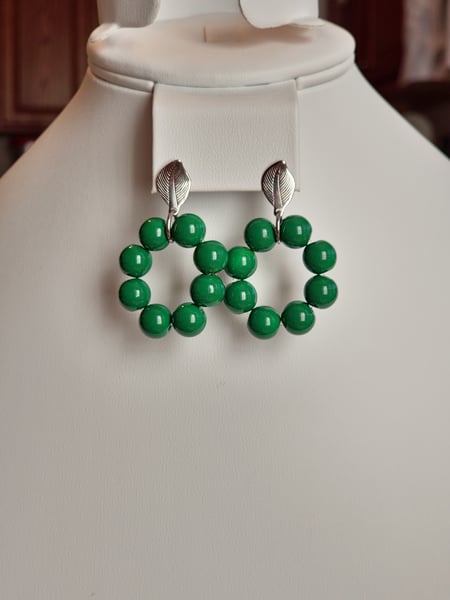 Leaf Stainless Steel earring post and green glass pearls